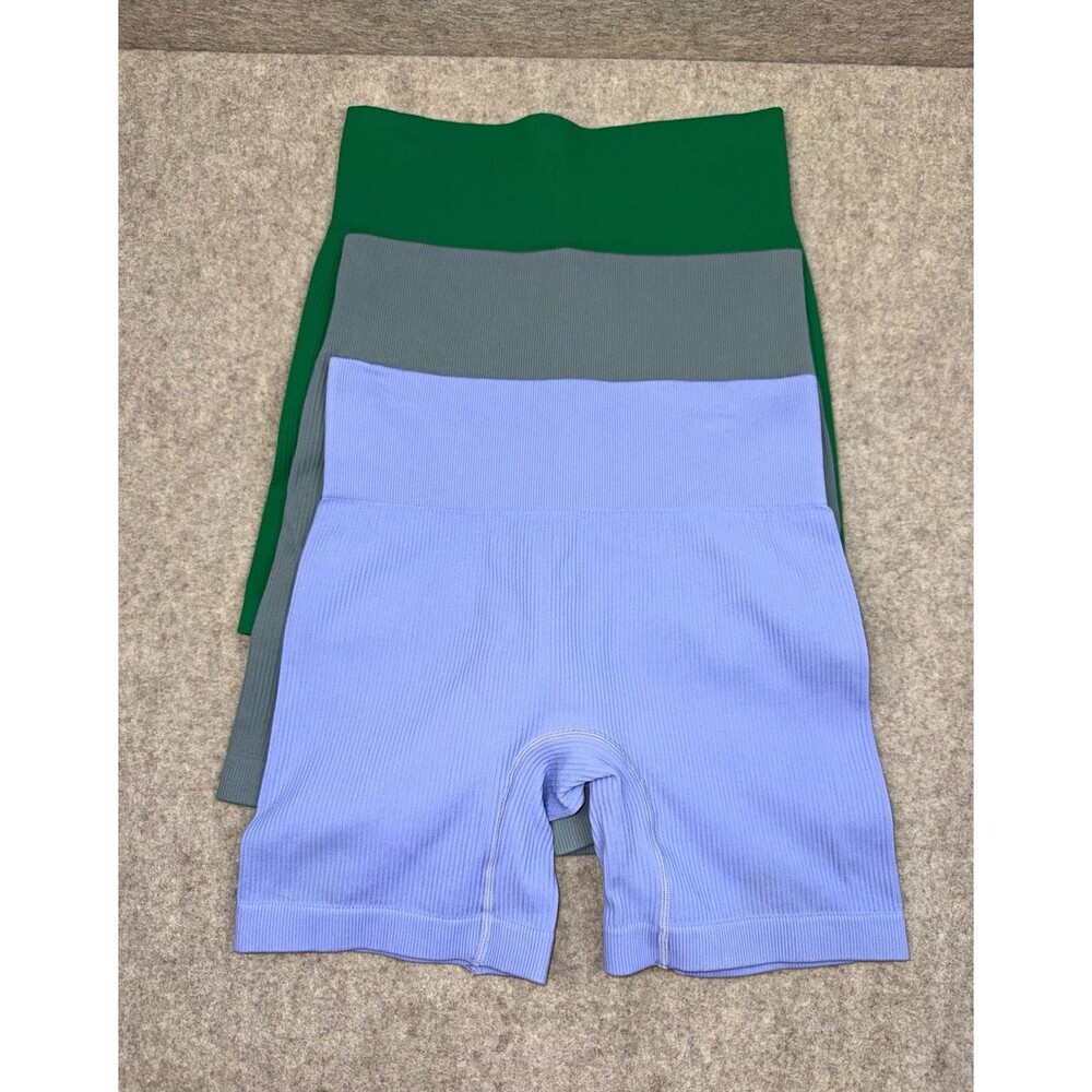 Women’s Lot of 3 Seamless Ribbed Biker Activewear Shorts 5" Green Purple Gray M